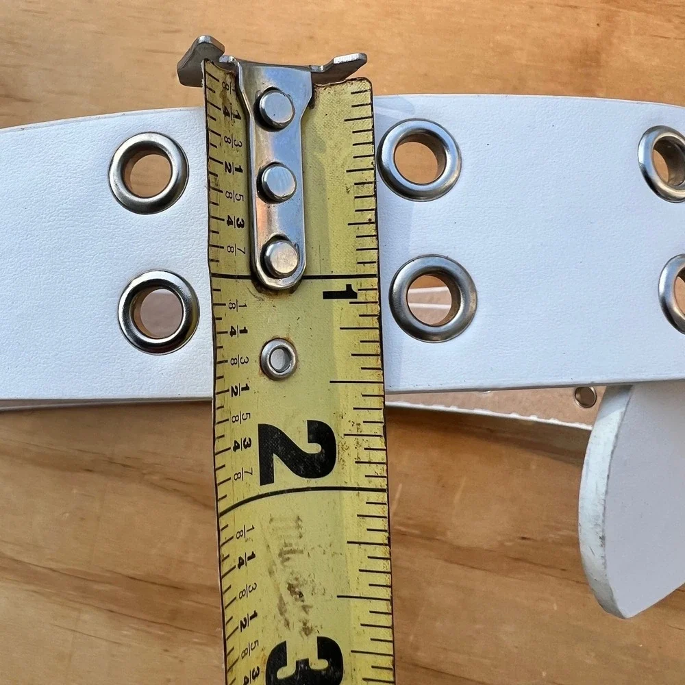 White Genuine Leather Double Grommet Belt Silver Double Prong Buckle Large 40-44